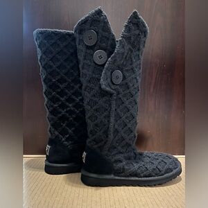 UGG Australia Tall Sweater Lattice Knit Sheepskin Boot, Black US 5